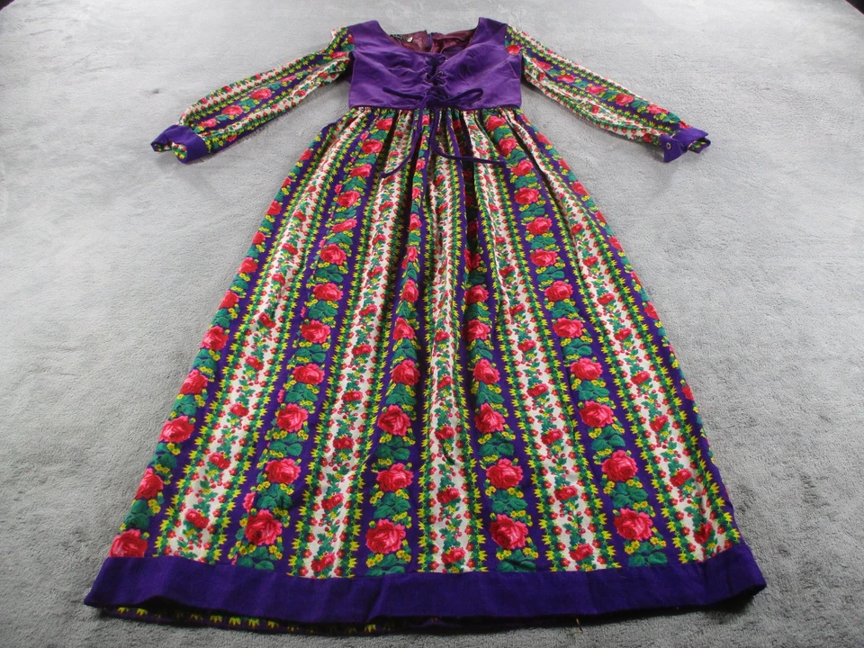 Vintage Domino Fashions Dress Womens Medium Purple Floral Maxi Velvet 70s Boho - Image 1 of 4