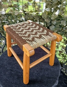 Vintage Navajo Aztec Woven Jute Bench Footstool Seat Oak Wood Southwestern OOAK - Picture 1 of 17