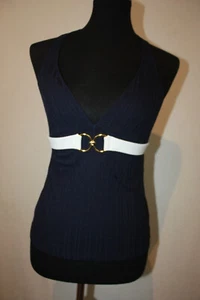 Lauren Ralph Lauren Sz 8 Halter Tankini Swim Top Navy Blue White Sash Padded - Picture 1 of 7