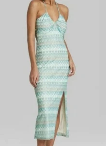 Wild Fable Women's Aqua Blue Halter Neck Tie Crochet Knit Slip Dress Size Small - Picture 1 of 3