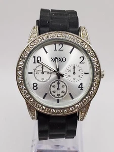 XOXO Ladies Gemmed Quartz Watch 40 mm Round Silver Tone Black Silicone Band - Picture 1 of 8
