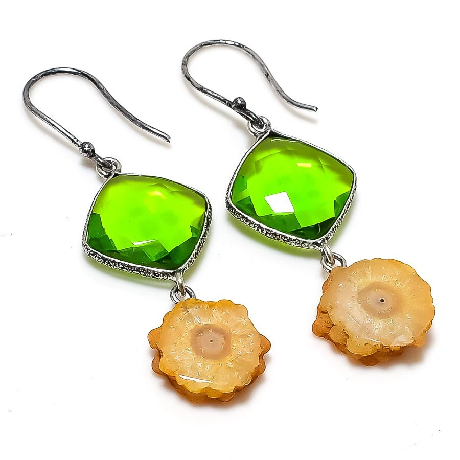 Pendientes solares de cuarzo druzy peridoto enchapados en plata joyas 2,5" Foto 1 de 1
