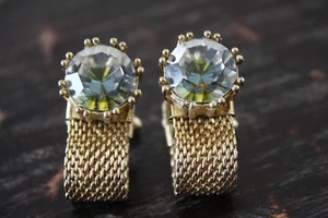 Vtg Gold Tone Large Prong Set Faceted Glass Rhinestone Mesh Wrap Cufflinks GUC - Picture 1 of 11