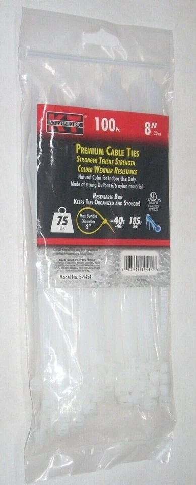 Bridas de cable blancas premium KT Industries 5-9454 8" de largo 75 lb tapa paquete de 100 Foto 1 de 1