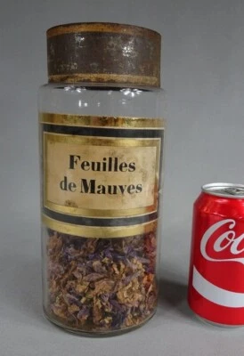 ancien pot à pharmacie en verre étiquette papier feuilles de mauves 19ème - Photo 1/2