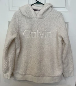 Calvin Klein Performance Sherpa Hoodie Women’s White Large Jacket Spellout - Picture 1 of 5