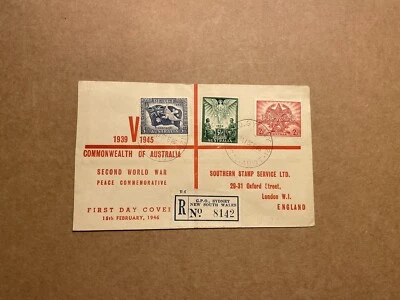 Australia 1945 FDC +WWII Victory Set #SG213-215 +Red V Sign Cachet +Reg Use - Image 1 of 2