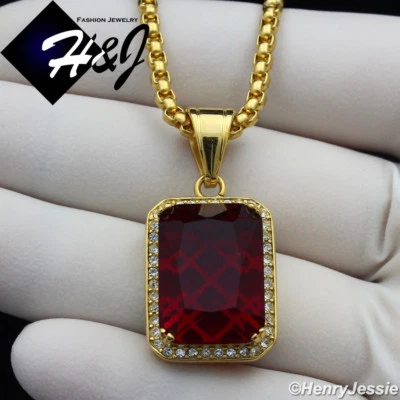 20"MEN Stainless Steel 3mm Gold Plated Box Link Chain Simulated Ruby Pendant*G98 - Image 1 of 4