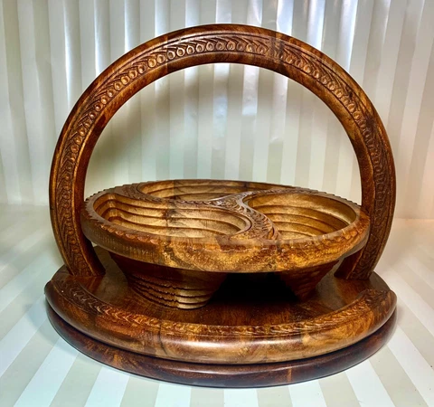 Natural Geo Hand Carved Rosewood Wooden Decorative Collapsible Nuts Basket Cover