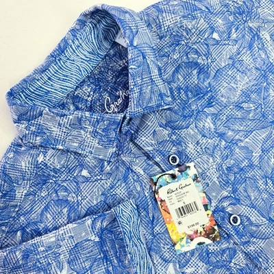 NEW Robert Graham Small Kepler Linen Short Sleeve Button Shirt Blue Floral Check - Image 1 of 4