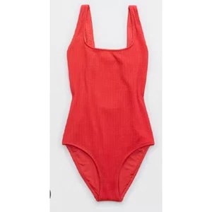 Aerie Real Good Coral One Piece Full Coverage Crinkle Knit Swimsuit Sz L - Foto 1 di 8
