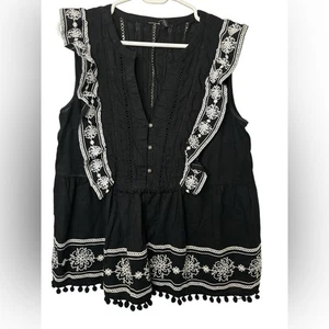 Anthropologie Akemi +Kin Adelina Embroidered Black White Boho Peasant Blouse - Picture 1 of 9