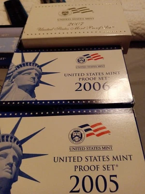 2005, 2006, 2007 US Mint Proof Set (Clad) Complete (3) 10 Coin Sets w Box & COA - Image 1 of 4