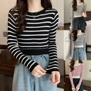 Womens Lightweight Stripe Patterned Top with Long Sleeves for All Seasons - Picture 1 of 15