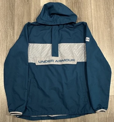 Under Armour Windbreaker Jacket Mens Large Teal Blue Zip Up Pouch Pocket Hooded - Image 1 of 4