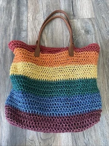 Merona Target Soft Straw Beach Tote Bag Purse Rainbow Stripe Medium - Picture 1 of 11