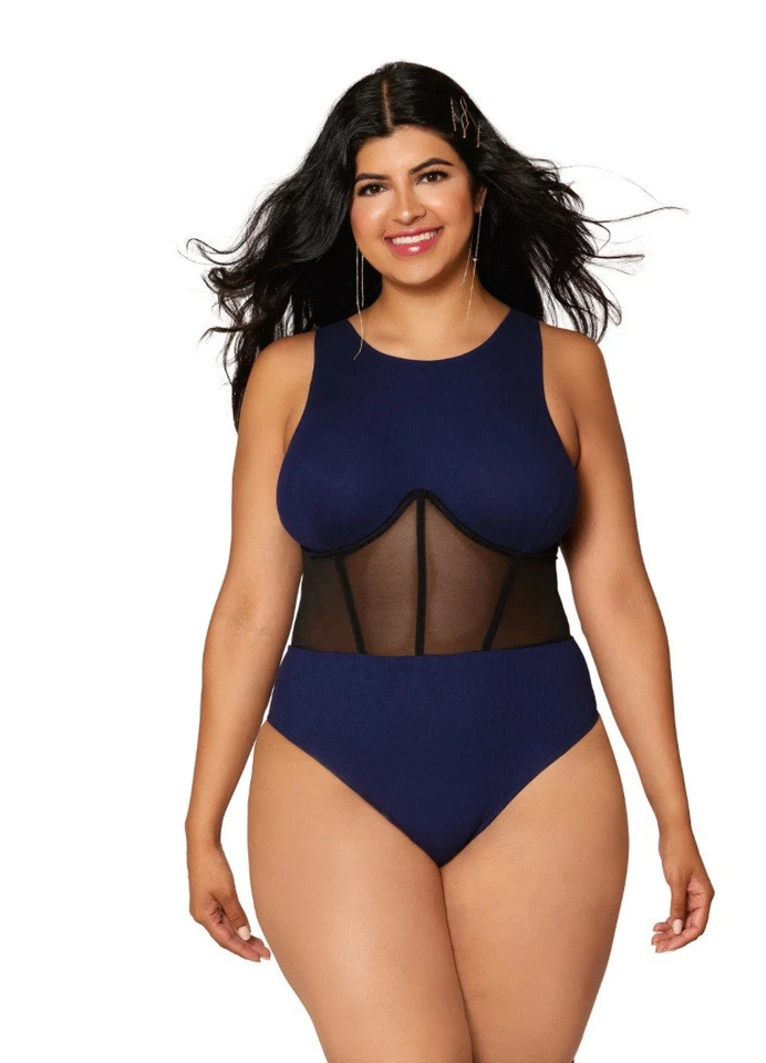 DREAMGIRL Tejido acanalado Cuello Alto Espalda Corredora Peluche Prendas para dormir Lencería | TALLA GRANDE | Foto 1 de 4