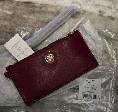 Estuche para Tarjetas Tory Burch Parker con Cremallera - Estilo 36987 - Granate Imperial - Nuevo con Etiquetas - Raro Foto 1 de 4