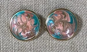 Vintage Coral Teal Swirl Large Round Enamel Disc Earrings Boho Coastal Beach - Picture 1 of 2