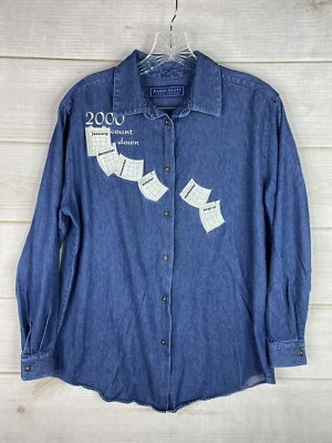 Vintage Karen Scott Shirt Womens M 2000 Y2K Embroidered Calendar Denim Jean - Image 1 of 4