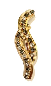 Vintage Brosche Anstecknadel rauchgrau & klar Krappenfassung Strass Kringel Helix goldfarben - Bild 1 von 8