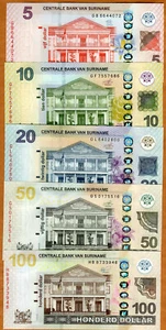 SET Suriname, 5-10-20-50-100 dollars, 2012-2020 P-162-163-164-165-166, UNC - Picture 1 of 2