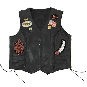 Hudson Leather Motorcycle Vest Black Harley Patches Womens Large - Picture 1 of 9