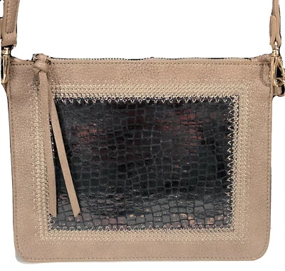 Sondra Roberts Squared Tan Faux Leather & Snakeskin Cross Body Bag Cell Pockets - Image 1 of 4