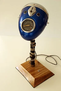 Vintage Desk Lamp From Motorcycle Headlight, Oak Base & Engine Shaft - Picture 1 of 12