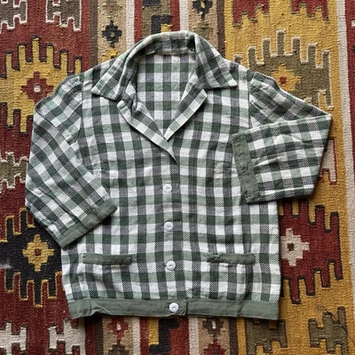 Chaqueta abotonada de algodón tejida vintage de los años 50 para niños - cuadros verdes Foto 1 de 4