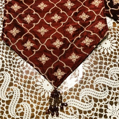 Pier 1 Imports Table Runner Sequin Burgundy Red Gold Beaded Tassels 68" - Image 1 of 4