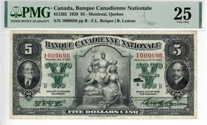 Canada Banque Canadienne Nationale $5 Dollars Banknote 1929 PMG 25 VF - Picture 1 of 4