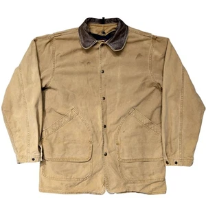 Vintage Woolrich Jacket Mens Medium Canvas Leather Collar Plaid Lined USA 90s - Picture 1 of 22