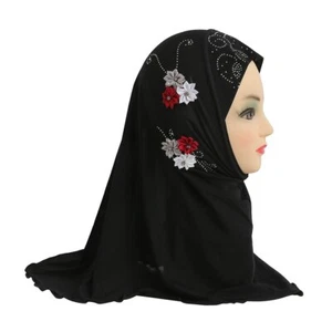 Kids Girls Shawls Wraps Solid Colors Hijab Scarves with Flower Headscarf Muslim - Picture 1 of 25