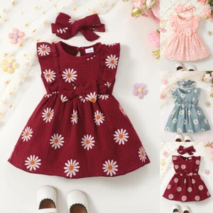 Newborn Baby Girl Floral Ruffle Bow Dress Outfit Princess Birthday Clothes Set - Picture 1 of 25