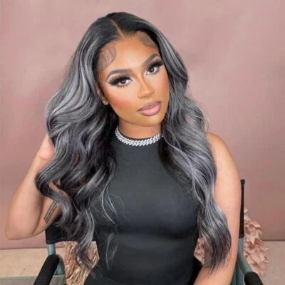 Ombre Dark Gray Human Hair Lace Front Wigs 13x4 for Women Black Root Pre Plucked - Image 1 of 3