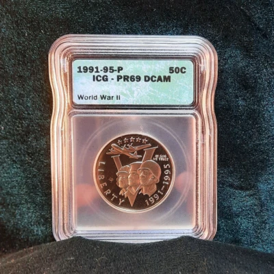 1991-95 P WORLD WAR 2 ICG CERTIFIED PF69 DCAM PROOF 69 SLAB 50 CENT CLAD HALF - Image 1 of 2
