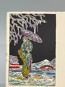 Vintage Abendessen Party Platzkarte französisch bemalt, japanische Damenszene, 1920er - Bild 1 von 3