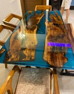 Blue Clear Epoxy Resin Center Sofa Coffee Table Handmade Wooden Countertop Decor - Picture 1 of 8