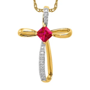 14K Solid Yellow Gold Lab Ruby Diamond Cross Slide Necklace - Picture 1 of 12