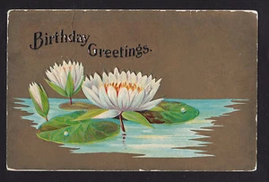 c1910 cartolina oro fiori ninfea in rilievo auguri compleanno - Foto 1 di 2
