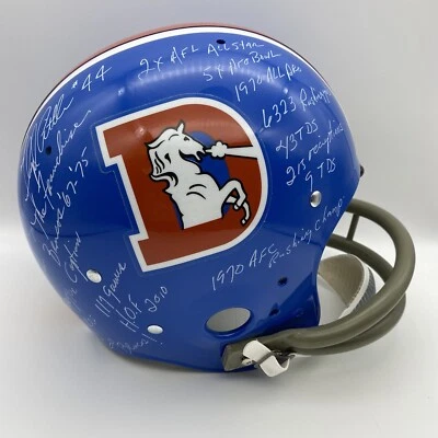 Floyd Little Signed Denver Broncos Career Stats Full Size TK 2 Bar Helmet JSA - Image 1 of 4