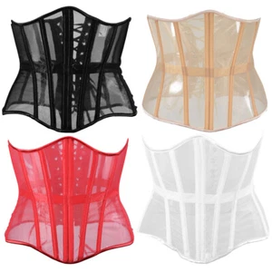 Women Corset Bustier Underbust Transparent Mesh Lace Up Boned Quality Tight Tops - Picture 1 of 18