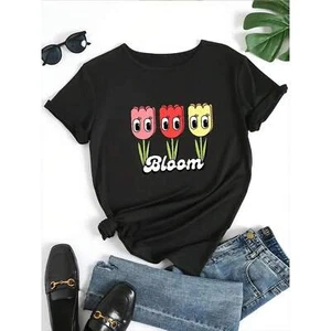 Ladies' casual cartoon floral printed T-shirt, soft short sleeved round neck top - Picture 1 of 12