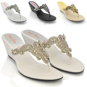 Sandalias de fiesta elegantes brillantes con puntera de diamante de cuña baja para mujer talla 3-9 - Imagen 1 de 25