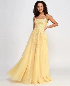 Say Yes Juniors' Embellished Lace-Up Mesh Gown Lemon Size 5/6 $199 - Bild 1 von 3