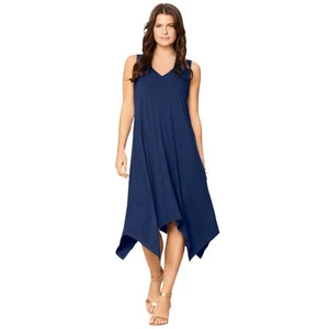 Abito donna Roaman's taglie forti 2X smanicato midi swing scollo a V elasticizzato blu - Foto 1 di 10