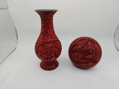 Vintage Red Cinnabar Blue Enamel Brass 6" Vase And Trinket Box - Image 1 of 4