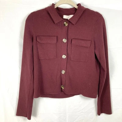 LOFT Womens S Burgundy Collar Cropped Cardigan Sweater Jacket Minimalist Preppy - Image 1 of 4