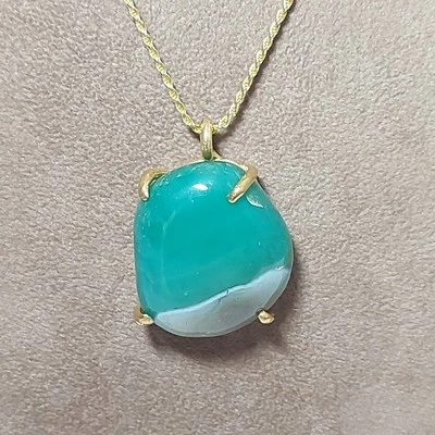 Collana Argento925 Dorato Donna Ciondolo Agata Verde Pietra Naturale Stile Unico - Immagine 1 di 4